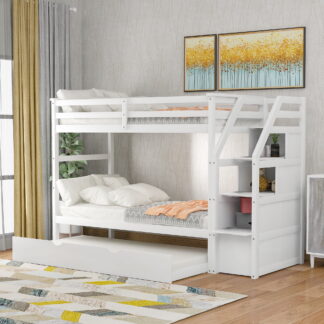 Kumix Bunk Bed with Trundle, Twin over Twin Bunk Bed with Full Length Guardrail and Storage Staircase for Kids Teens Adults, Wood Bunk Bed for Bedroom, Twin Size Trundle, Noise-Free, White