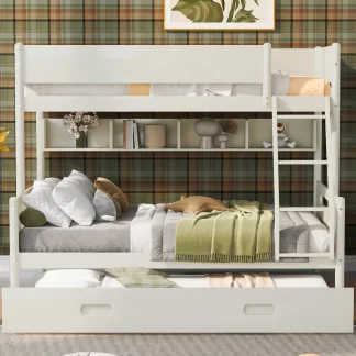 Kumix Bunk Bed with Trundle, Bunk Bed Twin over Full, Heavy Duty Wood Bunk Bed Frame with 4 Shelves, Inclined Ladder and Safety Guardrail for Kids Teens, Space-Saving, Noise Free, White