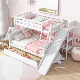 Kumix Bunk Bed with Slide, Twin over Full Bunk Bed with Drawers, Shelves, Full Length Guardrail and Ladder, Wood Bunk Bed for Kids Teens, Noise-Free, No Box Spring Needed, Easy Assembly, White