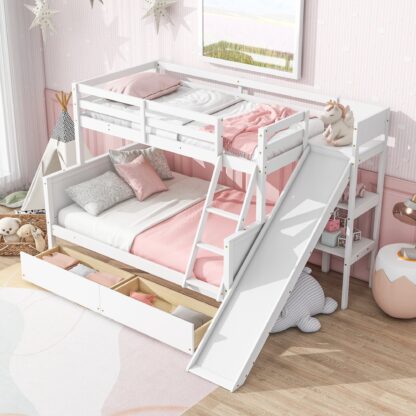 Kumix Bunk Bed with Slide, Twin over Full Bunk Bed with Drawers, Shelves, Full Length Guardrail and Ladder, Wood Bunk Bed for Kids Teens, Noise-Free, No Box Spring Needed, Easy Assembly, White