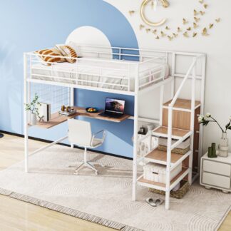 Kumix Full Size Loft Bed with Desk, Metal Loft Bed with Metal Grid, Lateral Storage Ladder and Wardrobe for Kids Teens Adults, Noise-Free Loft Bed Frame for Bedroom, Space Saving, White
