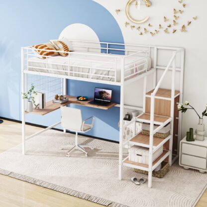 Kumix Full Size Loft Bed with Desk, Metal Loft Bed with Metal Grid, Lateral Storage Ladder and Wardrobe for Kids Teens Adults, Noise-Free Loft Bed Frame for Bedroom, Space Saving, White