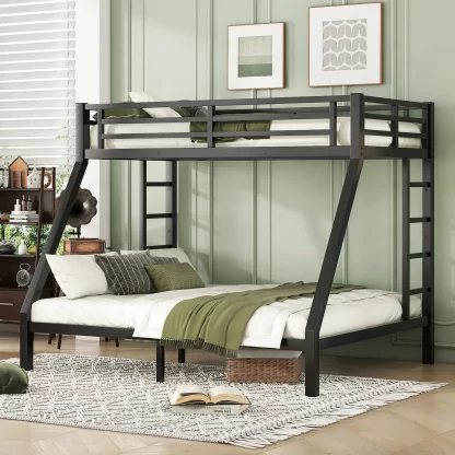 Kumix Twin XL over Queen Bunk Bed, Metal Bunk Bed for Kids Teens Adults with Safety Guardrail and 2 Side Ladders, Heavy Duty Bunk Bed Frame for Bedroom, Noise Reduced, No Box Spring Needed, Black