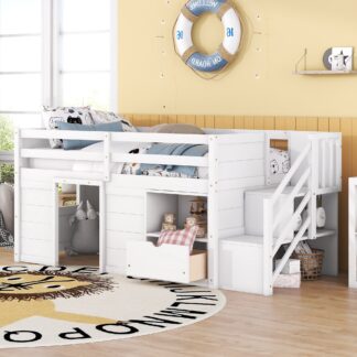 Kumix Loft Bed Twin Size, Low Loft Bed with Drawer, Shelf, Stair Full Length Guardrail for Kids Teens Adults, Noise-Free Loft Bed Frame for Bedroom, Spacious Under Bed Space, White