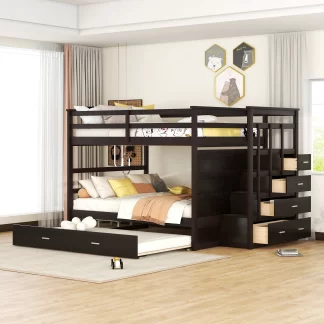 Kumix Bunk Bed with Trundle, Full over Full Bunk Bed with Staircase, Drawers and Full Length Guardrail for Kids Teens Adults, Wood Bunk Bed Frame for Bedroom, Dorm, Noise-Free, Espresso