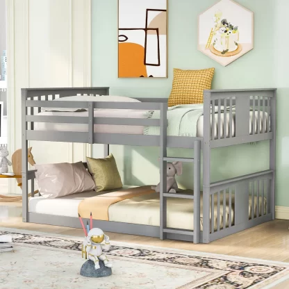 Kumix Full over Full Bunk Bed, Low Bunk Bed for Kids Teens with Full Length Guardrail and Build-in Ladder, Wood Bunk Bed Frame for Bedroom, 2 in 1 Bunk Beds, Noise-Free, Easy Assembly, Gray