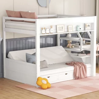 Kumix Full Size Bunk Bed, Wooden Bed with Storage Staircase, Fold-Down Bedside Table, 3 Drawers and Full-Length Guardrail for Kids Teens Adults, Convertible Bunk Bed for Bedoom, Noise-Free, White