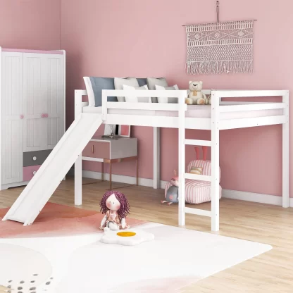 Kumix Full Size Loft Bed with Slide for Kids, Wood Loft Bed with Full Length Guardrail and Build-in Ladder for Boys/Girls, Full Loft Bed for Bedroom, Dorm, Noise-Free, No Box Spring Needed, White