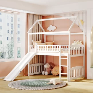 Kumix Twin Loft Bed with Slide, House Bed for Kids Teens Boys/Girls with Full Length Guardrail and Build-in Ladder, Wood Loft Bed Frame for Bedroom, Space-Saving, No Box Spring Needed, White