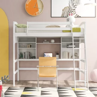 Kumix Loft Bed Twin Size with Desk, Wood Loft Bed with Storage Shelves, Full Length Guardrail and Inclined Ladder for Kids Teens Adults, Space-Saving Loft Bed for Bedroom, Noise-Free, White