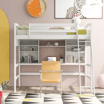 Kumix Loft Bed Twin Size with Desk, Wood Loft Bed with Storage Shelves, Full Length Guardrail and Inclined Ladder for Kids Teens Adults, Space-Saving Loft Bed for Bedroom, Noise-Free, White