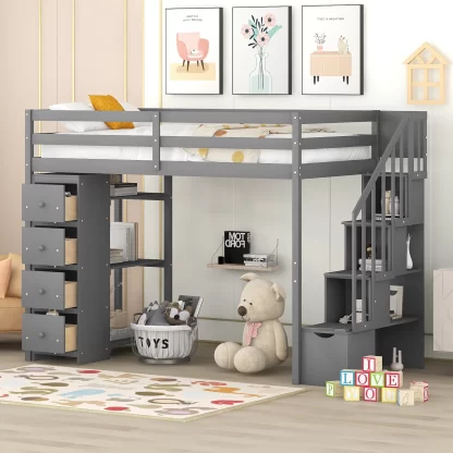Kumix Loft Bed Twin Size, Wood Loft Bed with Storage Drawers and Stairs, Shelves for Kids Teens Adults, Loft Bed Frame with Full Length Guardrail for Bedroom, Noise-Free, Easy Assembly, Gray