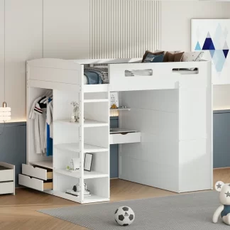 Kumix Loft Bed Full Size with Desk, Wood Loft Bed with Wardrobes, 4 Drawers and 4 Shelves for Kids Teens Adults, Heavy Duty Loft Bed with Safety Guardrail and Ladder for Bedroom, White