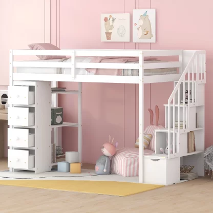 Kumix Loft Bed Twin Size, Wood Loft Bed with Storage Drawers, Shelves and Storage Stairs for Kids Teens Adults, Wooden Loft Bed Frame with Full Length Guardrail for Bedroom, Space-Saving, White