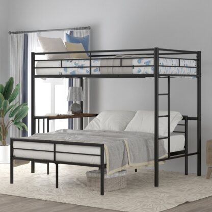 Kumix Bunk Bed with Desk, Twin over Full Bunk Bed for Kids Teens Adults with Full Length Guardrail and Build-in Ladder, Metal Bunk Bed for Bedroom, Can Split into 2 Beds, Space-Saving, Black