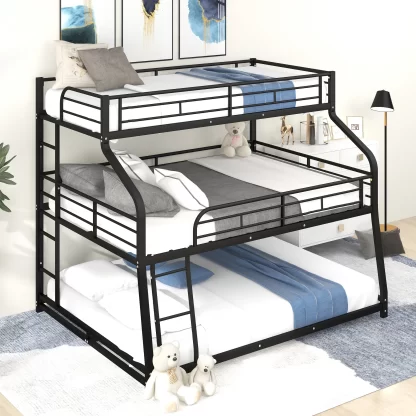 Kumix Triple Bunk Bed, Twin XL over Full XL over Queen Bunk Bed with Long and Short Ladder and Full-Length Guardrails for Kids Teens Adults, 3 Beds in 1, Metal Bunk Bed for 3, Noise-Free, Black