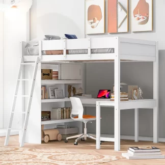 Kumix Loft Bed Full Size with Desk and Shelf, Wood Loft Bed with Full Length Guardrail and Ladder for Kids Teens Adults, Heavy Duty Loft Bed Frame for Bedroom, Dorm, Space-Saving, Noise-Free, White