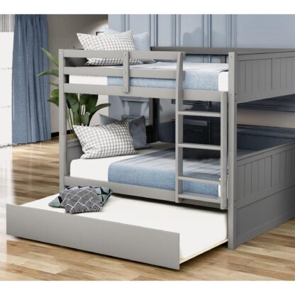 Kumix Bunk Bed with Trundle, Full over Full Bunk Bed for Kids Teens Adults with Full Length Guardrail and Ladder, Wood Bunk Bed Able to Split, Easy Assembly, 2 Bunk Bed in 1, Noise-Free, Gray