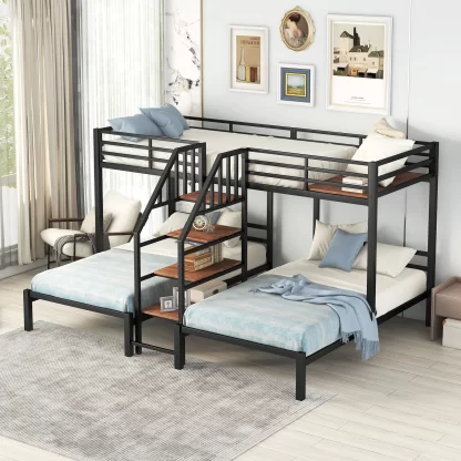 Kumix Triple Bunk Bed, Metal Twin over Twin and Twin Bunk Bed with Storage Stairs, Full-Length Guardrail, 3 Beds in 1 Bunk Beds for Kids Teens, Noise Free, No Box Spring Needed, Black