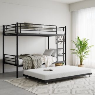 Kumix Bunk Bed with Trundle, Metal Twin over Twin Bunk Bed with Full-Length Guardrail and Ladder for Kids Teens Adults, 3 in 1 Bunk Bed, Noise-Free, No Box Spring Need, Black