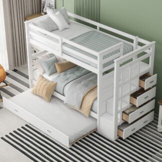 Kumix Bunk Bed with Trundle, Twin over Twin Bunk Bed with Staircase, Drawers and Full Length Guardrail for Kids Teens Adults, Wood Bunk Bed Frame for Bedroom, Dorm, Noise-Free, White