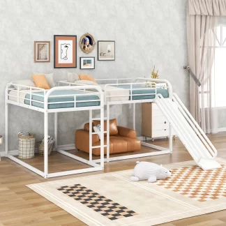 Kumix Bunk Bed with Slide, L-Shaped Full and Twin Size Quad Bunk Bed for 4 Kids Teens Boys/Girls, Metal Quad Bunk Bed Full-Length Guardrail and Ladder for Bedroom, 4 Bed in 1, Noise Free, White