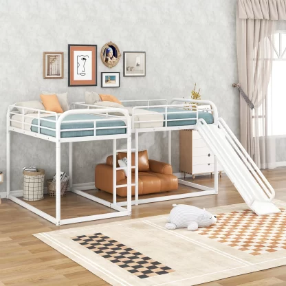 Kumix Bunk Bed with Slide, L-Shaped Full and Twin Size Quad Bunk Bed for 4 Kids Teens Boys/Girls, Metal Quad Bunk Bed Full-Length Guardrail and Ladder for Bedroom, 4 Bed in 1, Noise Free, White