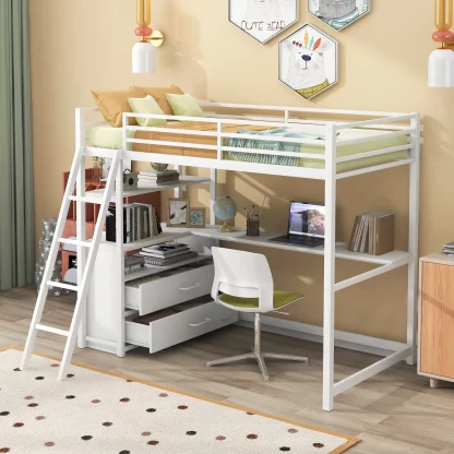 Kumix Metal Loft Bed with Desk, Twin Size Loft Bed with Drawers and Shelves for Kids Teens Adults, Heavy Duty Loft Bed with Safety Guardrail and Ladder for Bedroom, Noise-Free, Space-Saving, White