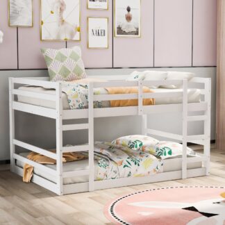 Kumix Full over Full Bunk Bed, Wood Bunk Bed for Kids Teens Adults with Full Length Guardrail and Build-in Ladder, Low Bunk Bed for Bedroom, Dorm, 2 in 1 Bunk Beds, Noise-Free, White
