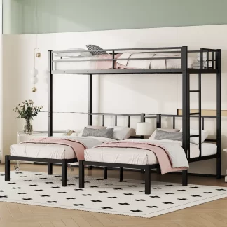 Kumix Triple Bunk Bed, Twin over Twin and Twin Bunk Bed with Safety Guardrail and Ladder for Kids Teens, Metal Bunk Bed Can Convertible into 3 Beds, No Box Spring Needed, Noise-Free, Black