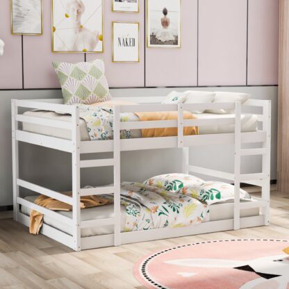 Kumix Full over Full Bunk Bed, Wood Bunk Bed for Kids Teens Adults with Full Length Guardrail and Build-in Ladder, Low Bunk Bed for Bedroom, Dorm, 2 in 1 Bunk Beds, Noise-Free, White