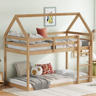 Kumix Twin over Twin Bunk Bed, Wood House Bunk Bed with Roof, Full Length Guardrail and Build-in Ladder for Kids Teens, Floor Bunk Bed for Bedroom, Noise-Free, No Box Spring Needed, Natural