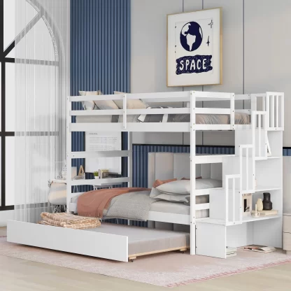Kumix Bunk Beds with Trundle, Twin over Twin Bunk Beds with Stairway Storage, Full Length Guardrail for Kids Teens Adults, 3 in 1 Bunk Beds, Wood Bunk Bed for Bedroom, Noise-Free, White