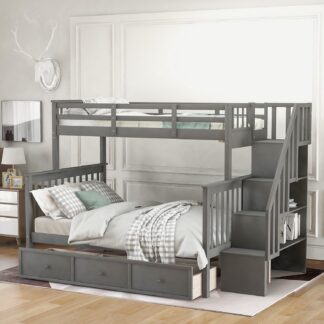 Kumix Bunk Bed with Drawers, Twin over Full Bunk Bed with Shelves, Full Length Guardrail and Stair for Kids Teens Adults, Wood Bunk Bed Able to Split, 2 in 1 Bunk Bed, Noise-Free, Gray