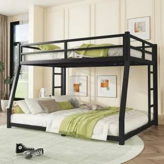 Kumix Full XL over Queen Bunk Bed, Metal Bunk Bed for Kids, Teens and Adults with Safety Guardrail and 2 Side Ladders, 2 in 1 Bunk Bed Frame, Noise Reduced, No Box Spring Needed, Black