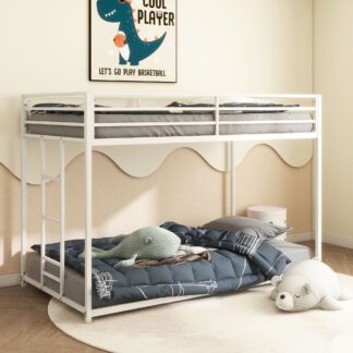 Kumix Twin over Twin Bunk Bed, Metal Bunk Bed with Full Length Guardrail and Build-in Ladder for Kids Teens Adults, Low Bunk Bed for Bedroom, Dorm, Easy Climbing, Noise-Free, White