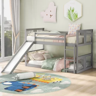 Kumix Twin over Twin Bunk Bed with Slide, Wood Bunk Bed for Kids Teens with Full Length Guardrail, Low Bunk Bed Frame for Bedroom, Dom, Noise-Free, No Box Spring Needed, Gray