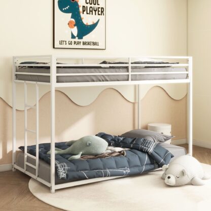 Kumix Twin over Twin Bunk Bed, Metal Bunk Bed with Full Length Guardrail and Build-in Ladder for Kids Teens Adults, Low Bunk Bed for Bedroom, Dorm, Easy Climbing, Noise-Free, White