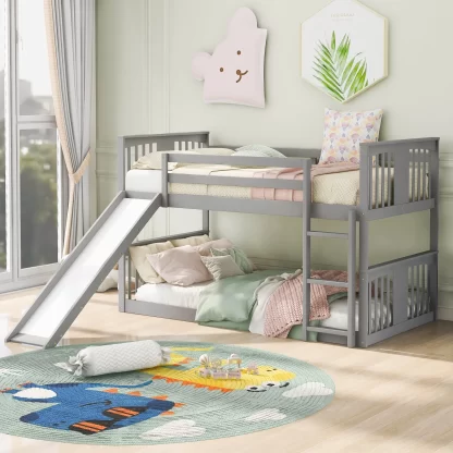 Kumix Twin over Twin Bunk Bed with Slide, Wood Bunk Bed for Kids Teens with Full Length Guardrail, Low Bunk Bed Frame for Bedroom, Dom, Noise-Free, No Box Spring Needed, Gray