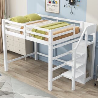Kumix Loft Bed Full Size, Wood Loft Bed with Built-in Storage Wardrobe, Full Length Guardrail and Staircase for Kids Teens, Heavy Duty Loft Bed Frame for Bedroom, Dorm, Space-Saving, White