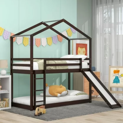 Kumix House Bunk Bed with Slide, Twin over Twin Bunk Bed with Full Length Guardrail and Ladder for Kids Teens, Wood Bunk Bed Frame for Bedroom, Dom, Low Bed for Toddler, Noise-Free, Espresso