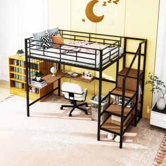 Kumix Full Size Loft Bed with Desk, Metal Loft Bed with Metal Grid, Lateral Storage Ladder and Wardrobe for Kids Teens Adults, Noise-Free Loft Bed Frame for Bedroom, Space Saving, Black