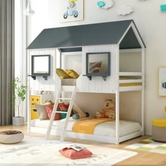 Kumix Twin over Twin Bunk Bed, House Bed with Full-Length Guardrail and Ladder for Kids Teens Boys/Girls, Wood Bunk Bed with Roof and Window for Bedroom, Noise-Free, No Box Spring Needed, White