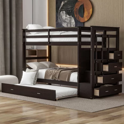Kumix Bunk Bed with Trundle, Twin over Twin Bunk Bed with Staircase, Drawers and Full Length Guardrail for Kids Teens Adults, Wood Bunk Bed Frame for Bedroom, Dorm, Noise-Free, Espresso