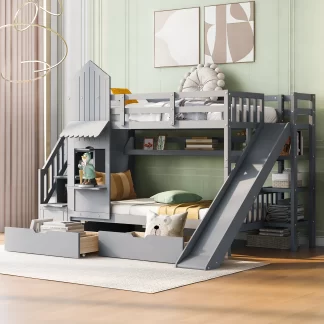 Kumix Twin over Twin Bunk Bed with Slide, Castle Style Bunk Bed with 2 Drawers 3 Shelves, Full Length Guardrail and Storage Staircase for Kids Teens Adults, Wood Bunk Bed for Bedroom, Grey