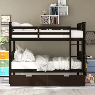 Kumix Bunk Bed with Drawers, Full over Full Bunk Bed with Full Length Guardrail and Build-in Ladder for Kids Teens Adults, Wood Bunk Bed Able to Split, 2 in 1 Bunk Beds, Noise-Free, Espresso