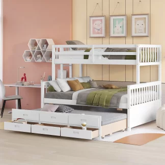 Kumix Bunk Bed with Trundle, Twin over Full Bunk Bed with Drawers, Full Length Guardrail and Ladder for Kids Teens Adults, Wood Bunk Bed Able to Split, with Twin Size Trundle, Noise-Free, White