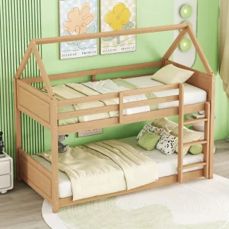 Kumix Twin over Twin Bunk Bed, House Bunk Bed with Full Length Guardrail and Build-in Ladder, Wood Floor Bed for Kids Teens Boys/Girls with Roof, 2 in 1 Bunk Beds, Noise-Free, Natural