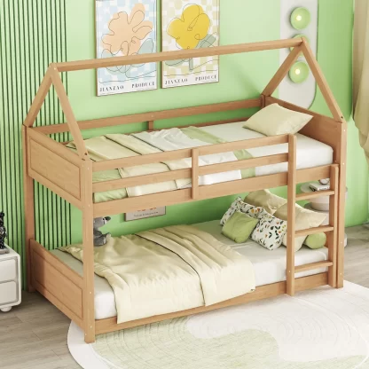Kumix Twin over Twin Bunk Bed, House Bunk Bed with Full Length Guardrail and Build-in Ladder, Wood Floor Bed for Kids Teens Boys/Girls with Roof, 2 in 1 Bunk Beds, Noise-Free, Natural