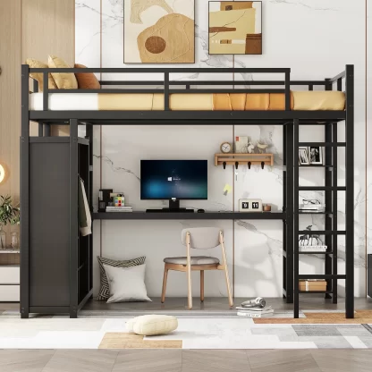 Kumix Full Size Loft Bed with Desk, Metal Loft Bed with Shelves and Wardrobe for Kids Teens, Space-Saving Loft Bed Frame with Full-Length Guardrails and Ladder, Noise-Free, Black